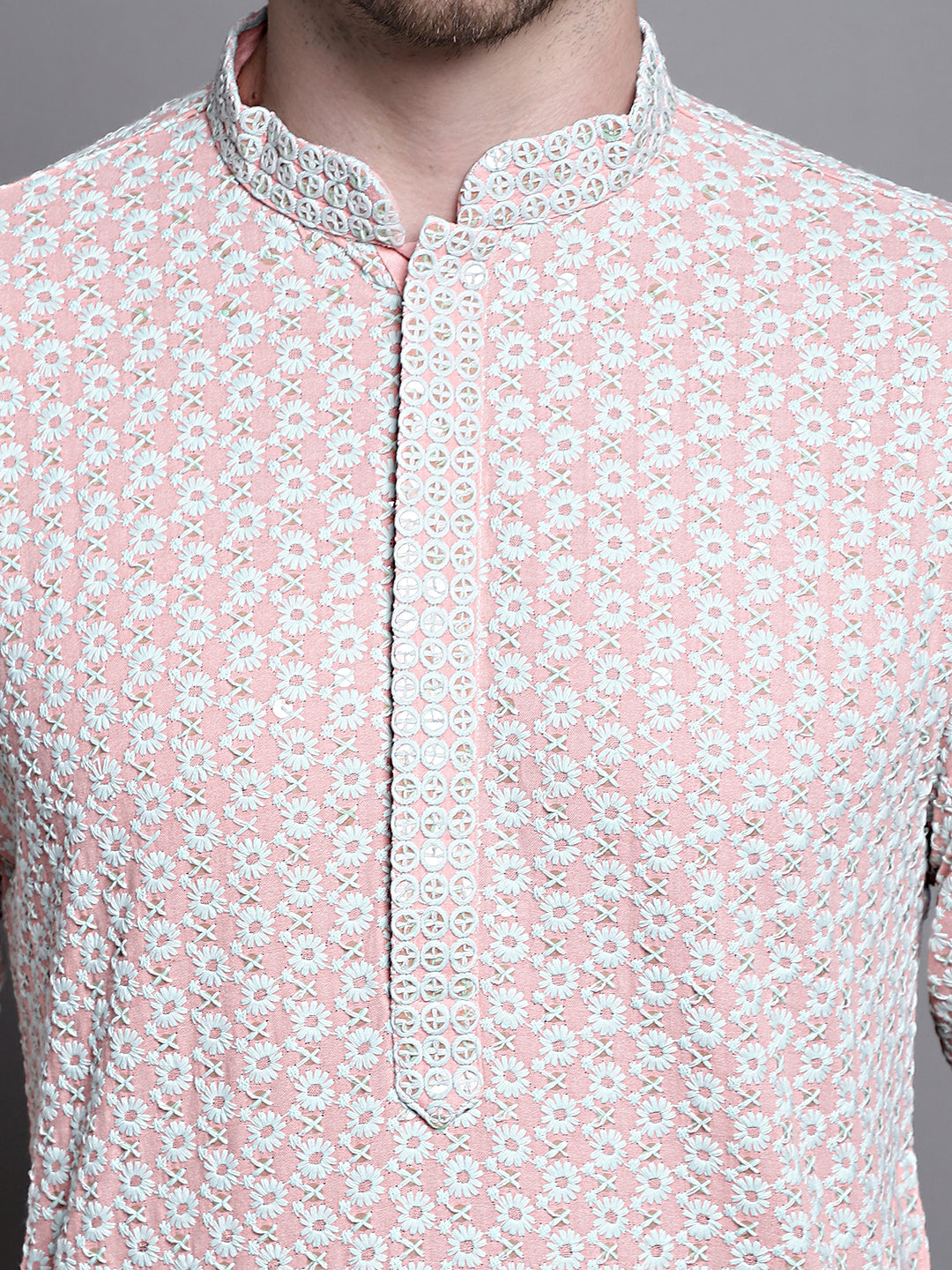 Jompers Men's Sequin Embroidered Pure Cotton Kurta - Peach | Grocsy