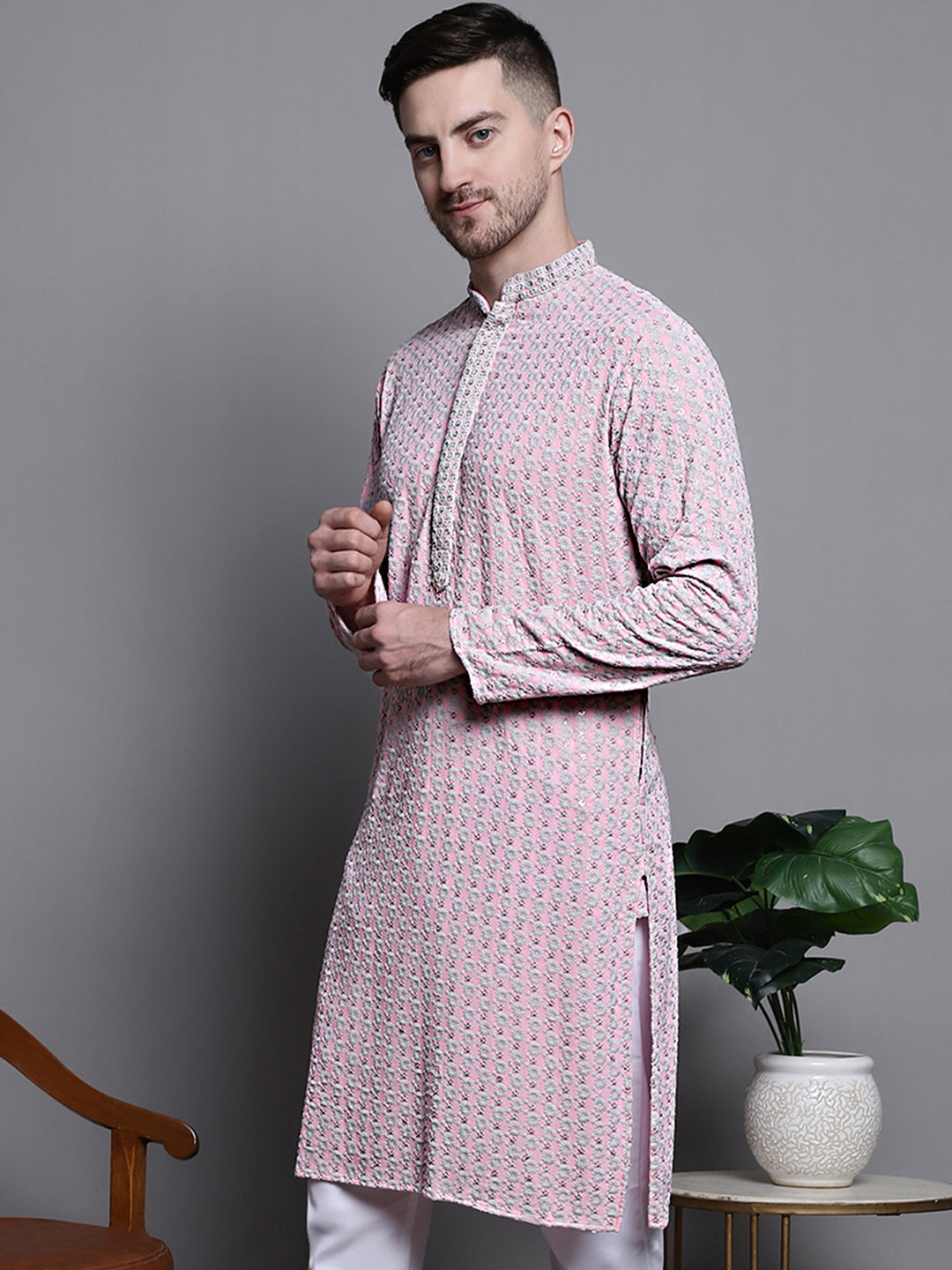 Jompers Men's Sequin Embroidered Pure Cotton Kurta - Pink | Grocsy