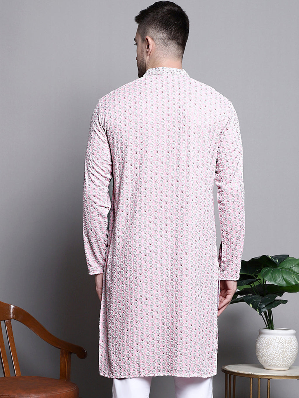 Jompers Men's Sequin Embroidered Pure Cotton Kurta - Pink | Grocsy
