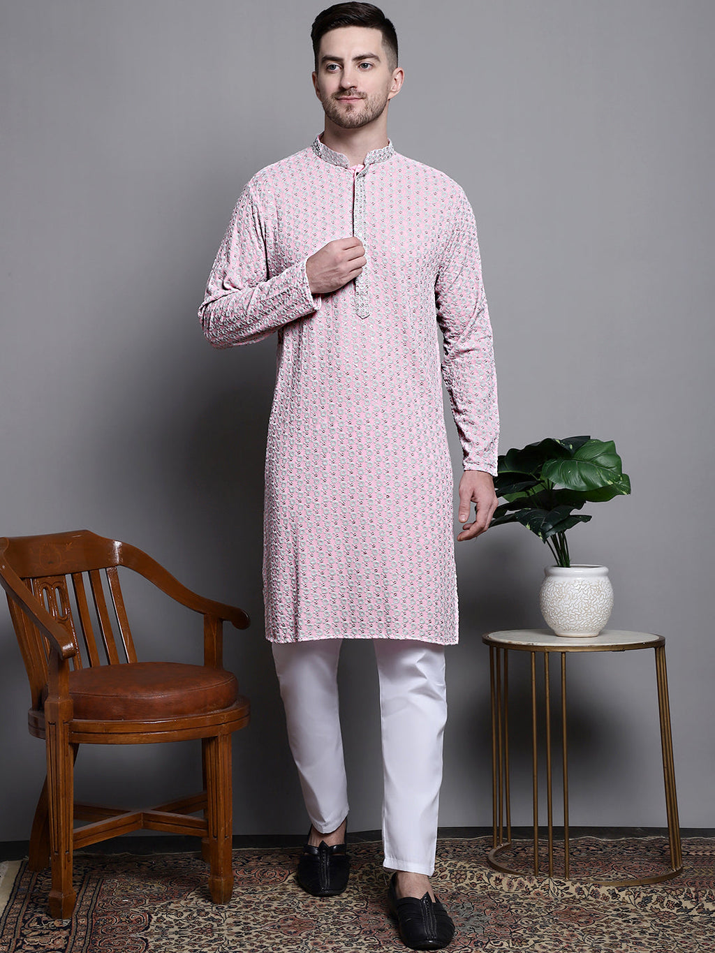 Jompers Men's Sequin Embroidered Pure Cotton Kurta - Pink | Grocsy