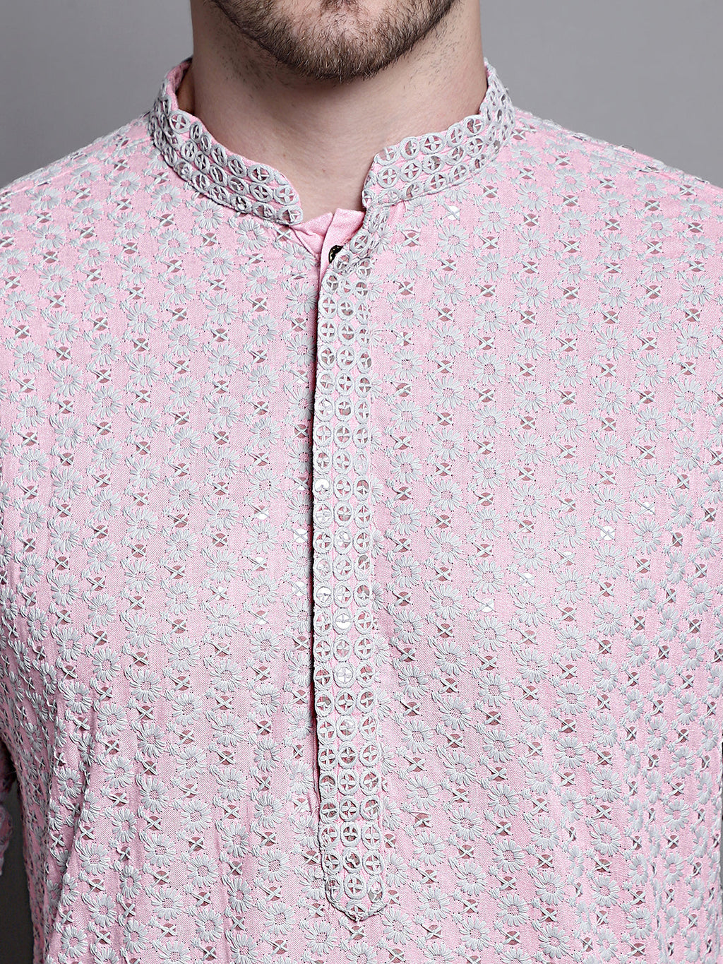 Jompers Men's Sequin Embroidered Pure Cotton Kurta - Pink | Grocsy
