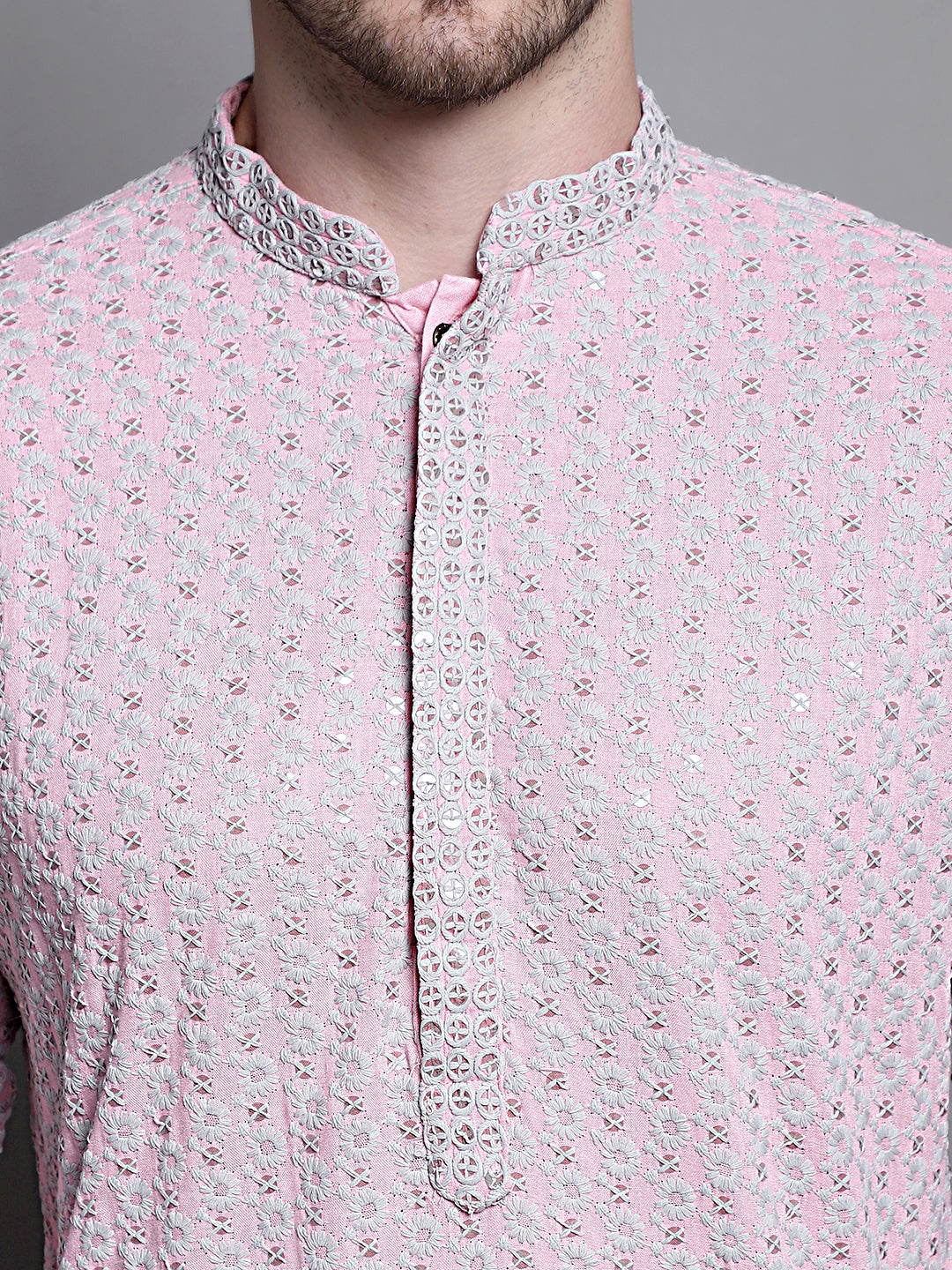 Jompers Men's Sequin Embroidered Pure Cotton Kurta - Pink | Grocsy