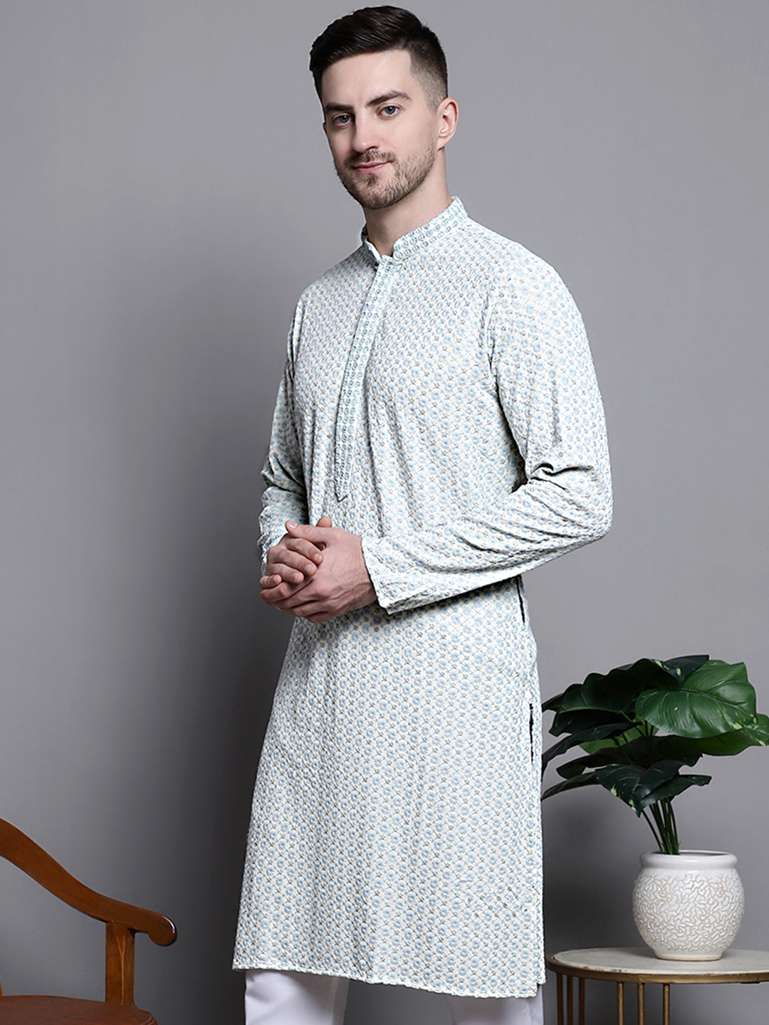Jompers Men's Sequin Embroidered Pure Cotton Kurta - Yellow | Grocsy