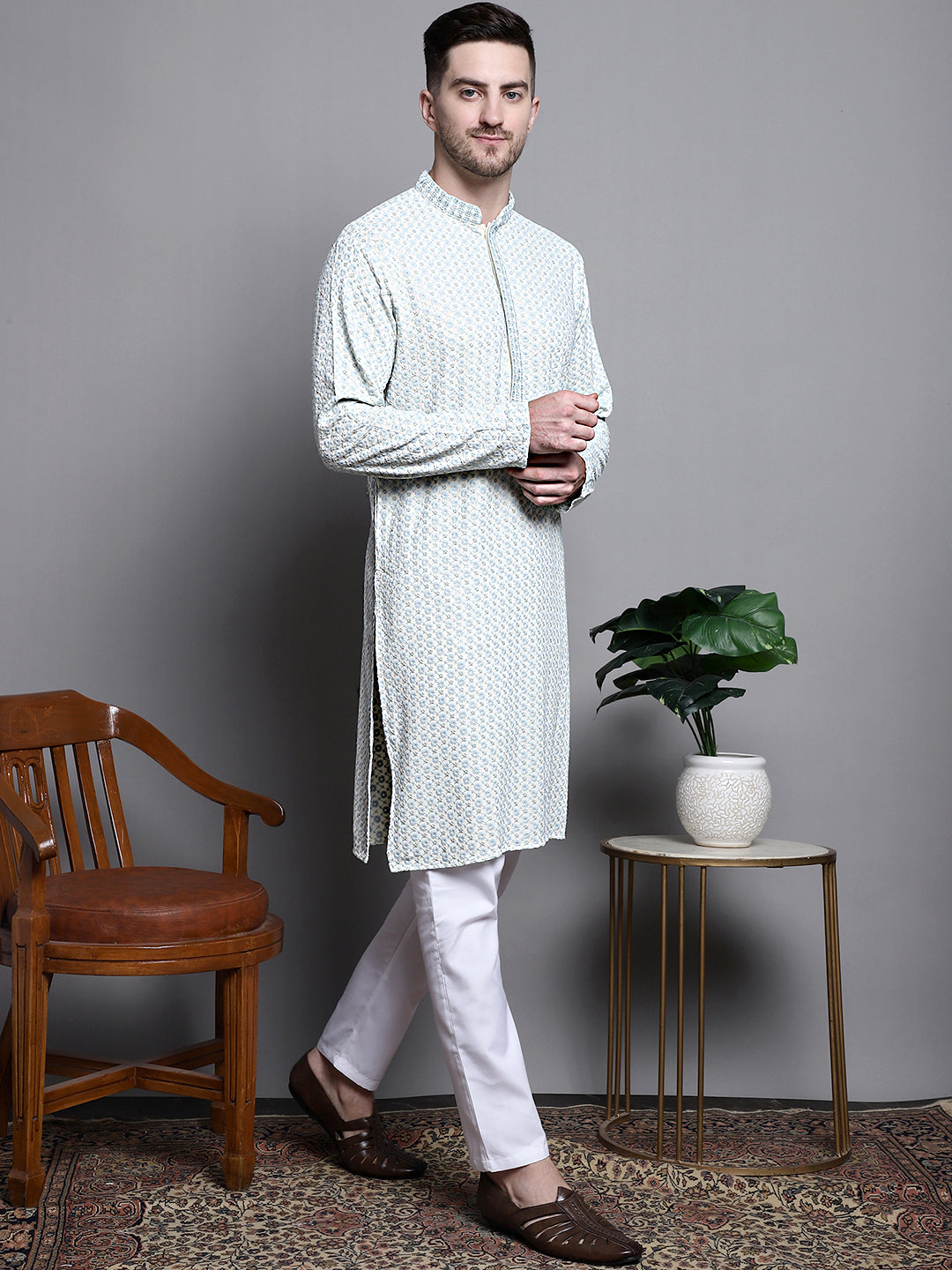 Jompers Men's Sequin Embroidered Pure Cotton Kurta - Yellow | Grocsy
