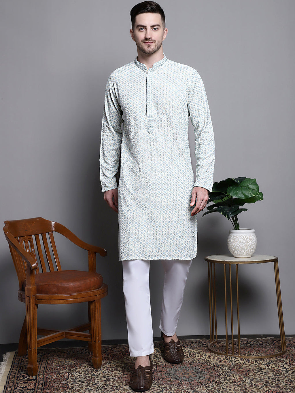Jompers Men's Sequin Embroidered Pure Cotton Kurta - Yellow | Grocsy