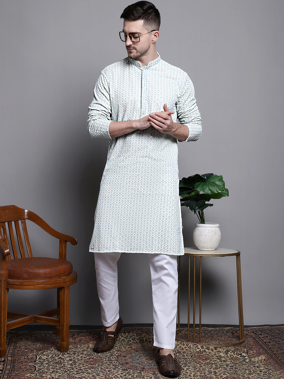 Jompers Men's Sequin Embroidered Pure Cotton Kurta - Yellow | Grocsy