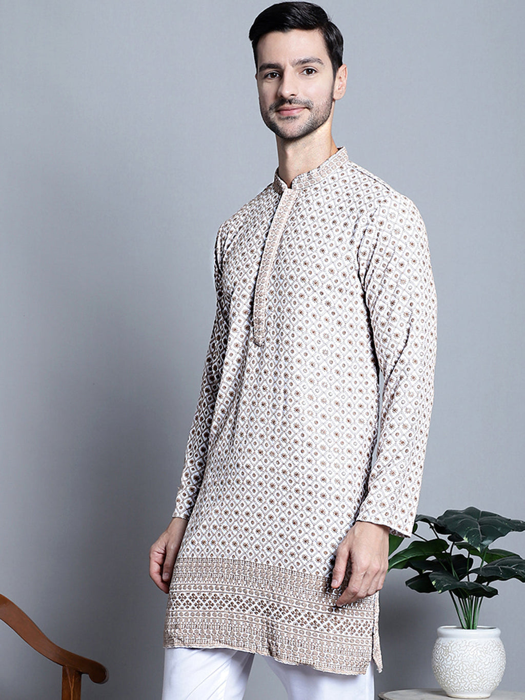Jompers Men's Chikankari Embroidered Kurta Only - Beige | Grocsy