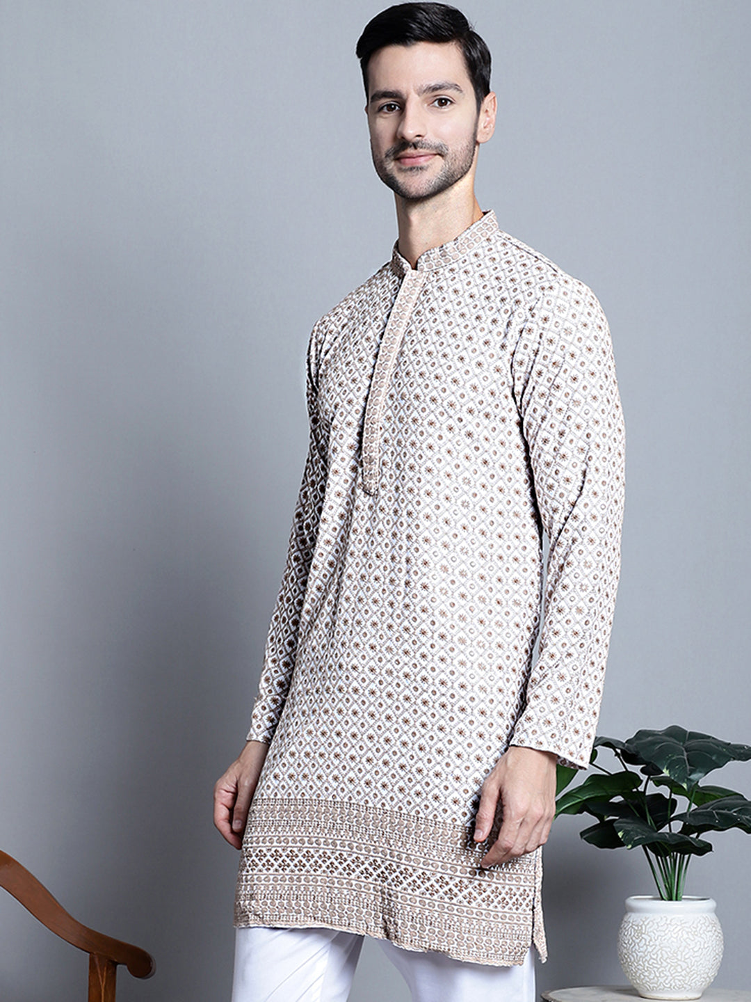 Jompers Men's Chikankari Embroidered Kurta Only - Beige | Grocsy