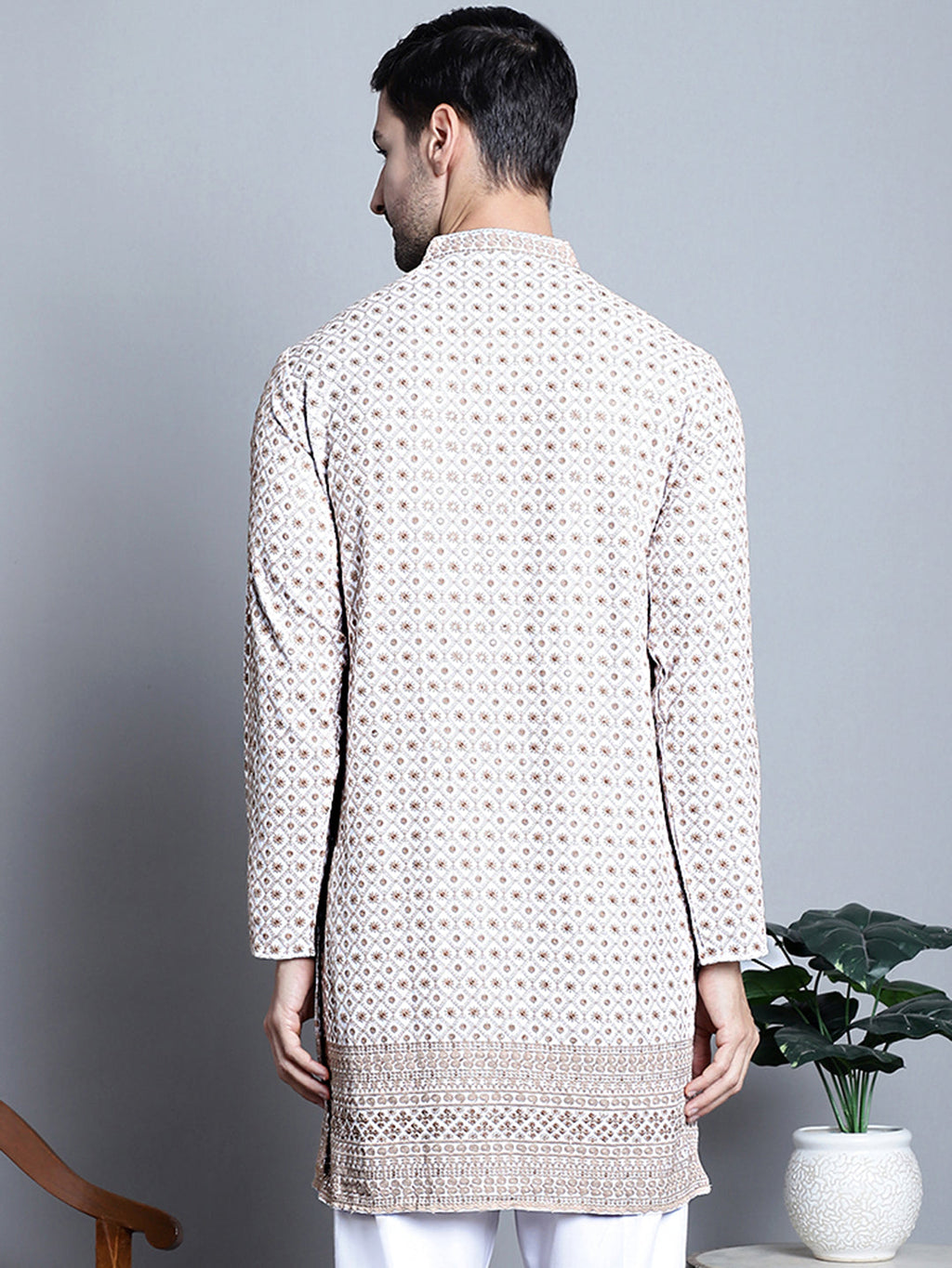 Jompers Men's Chikankari Embroidered Kurta Only - Beige | Grocsy