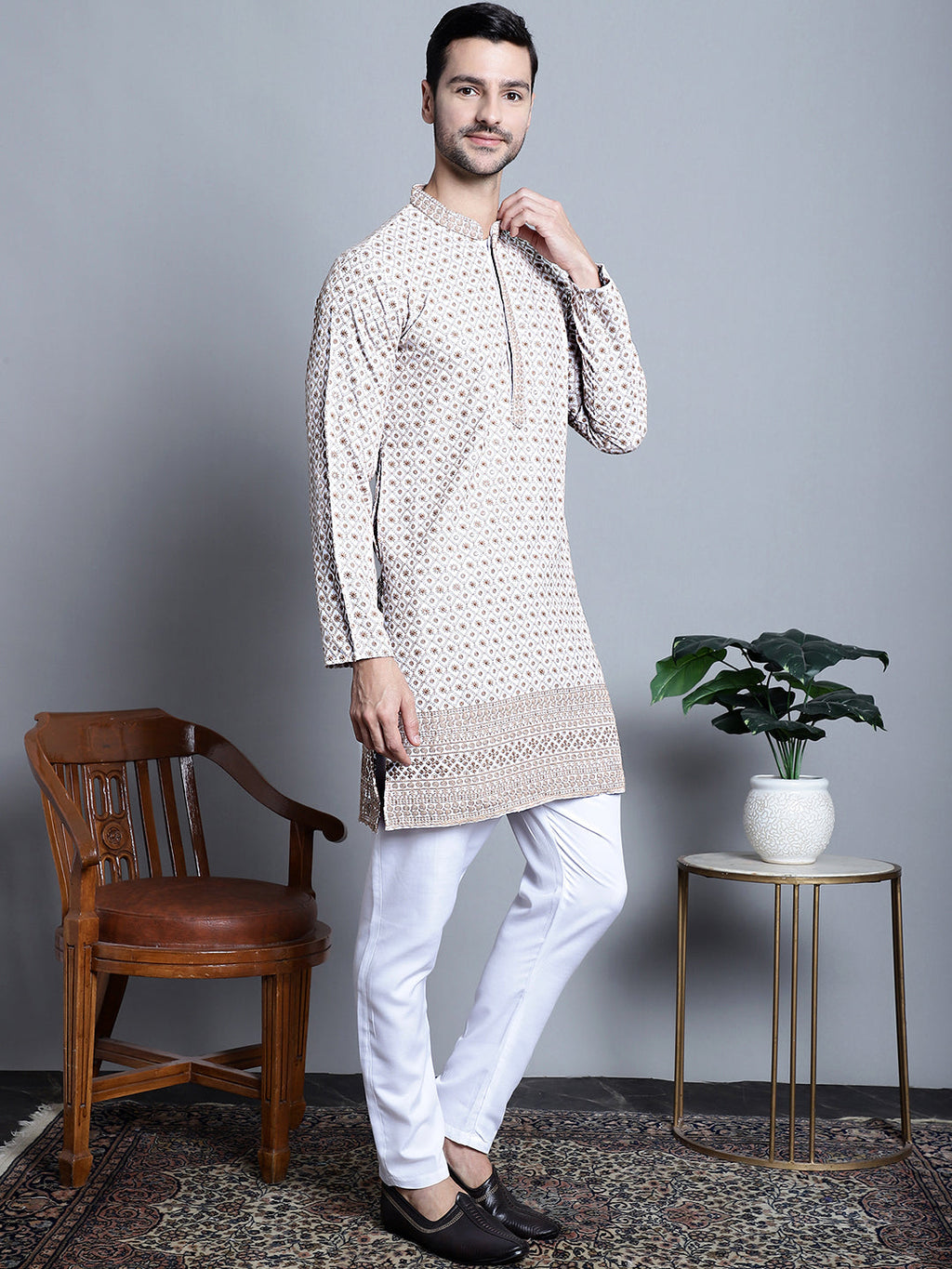 Jompers Men's Chikankari Embroidered Kurta Only - Beige | Grocsy