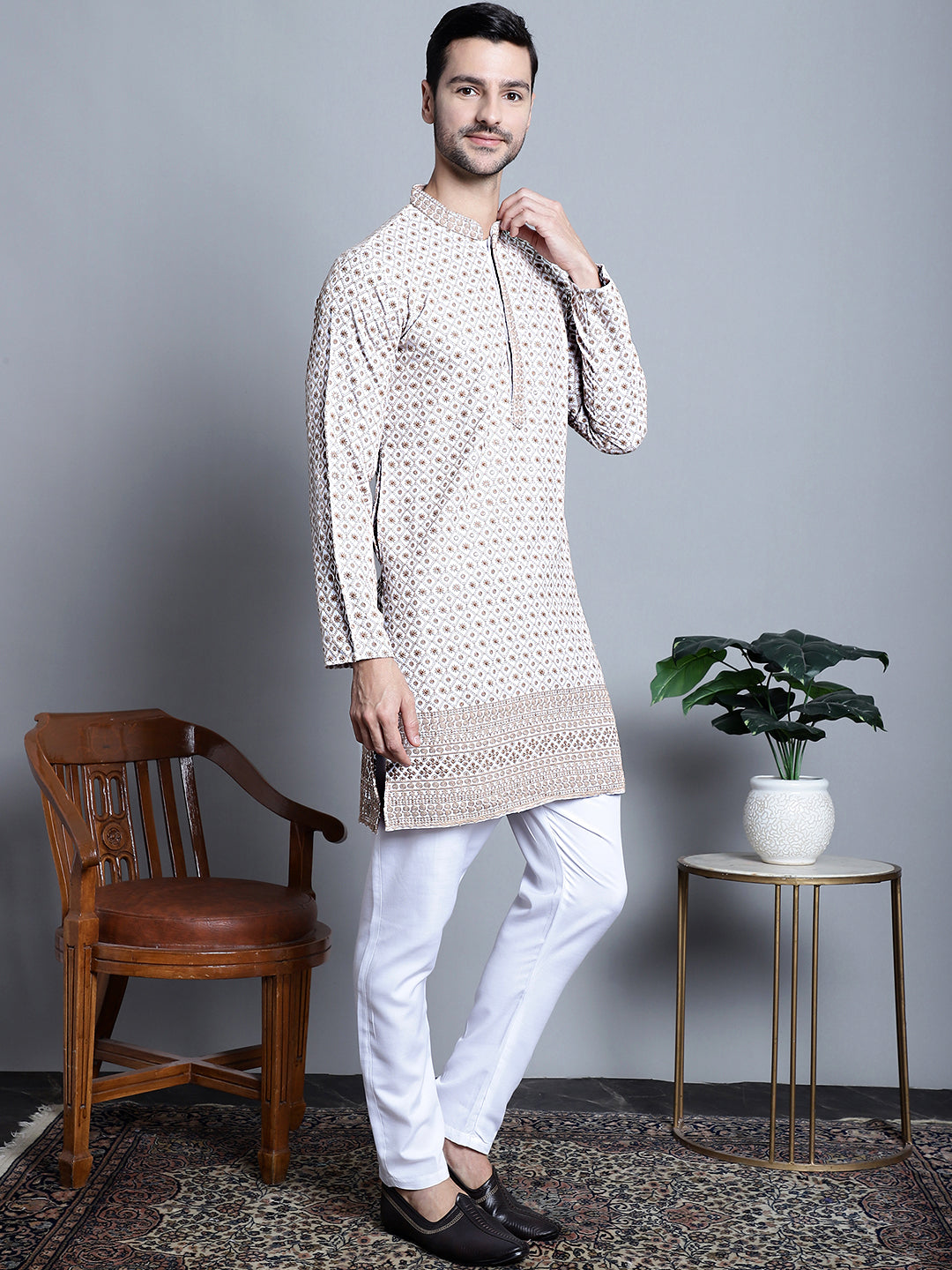 Jompers Men's Chikankari Embroidered Kurta Only - Beige | Grocsy