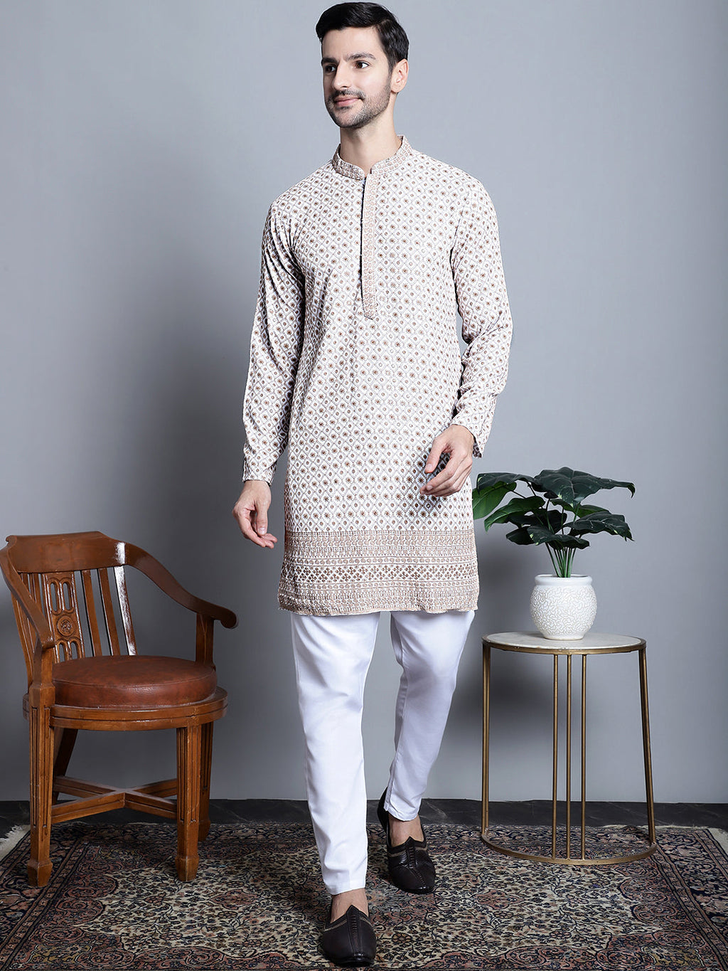 Jompers Men's Chikankari Embroidered Kurta Only - Beige | Grocsy