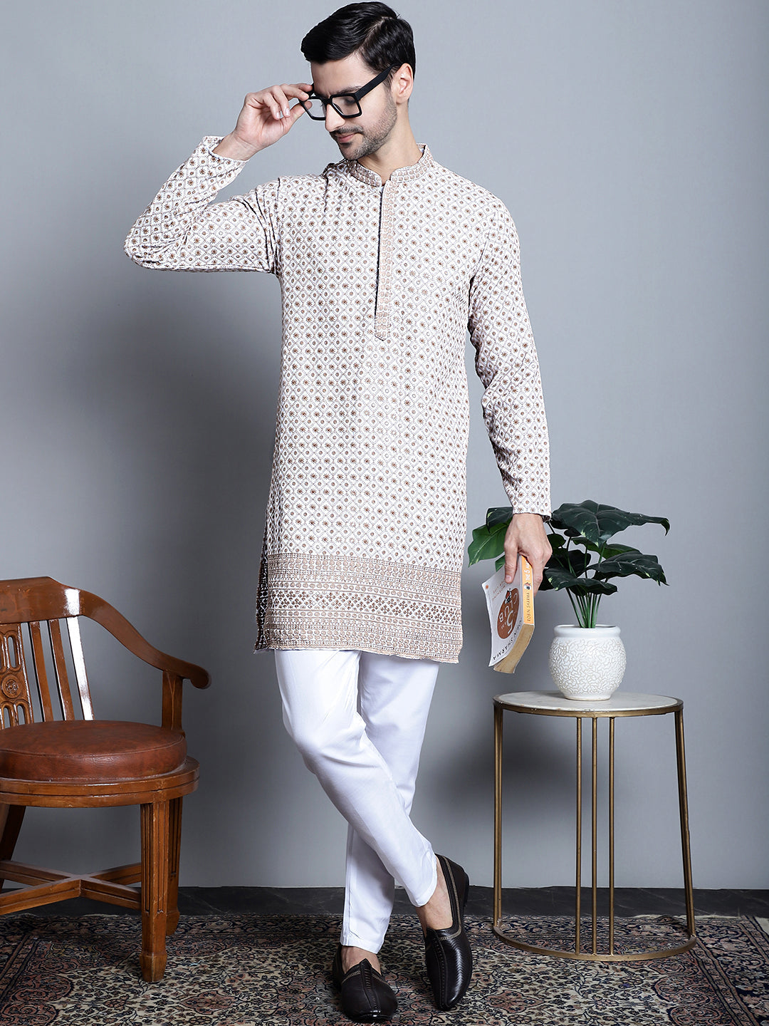 Jompers Men's Chikankari Embroidered Kurta Only - Beige | Grocsy