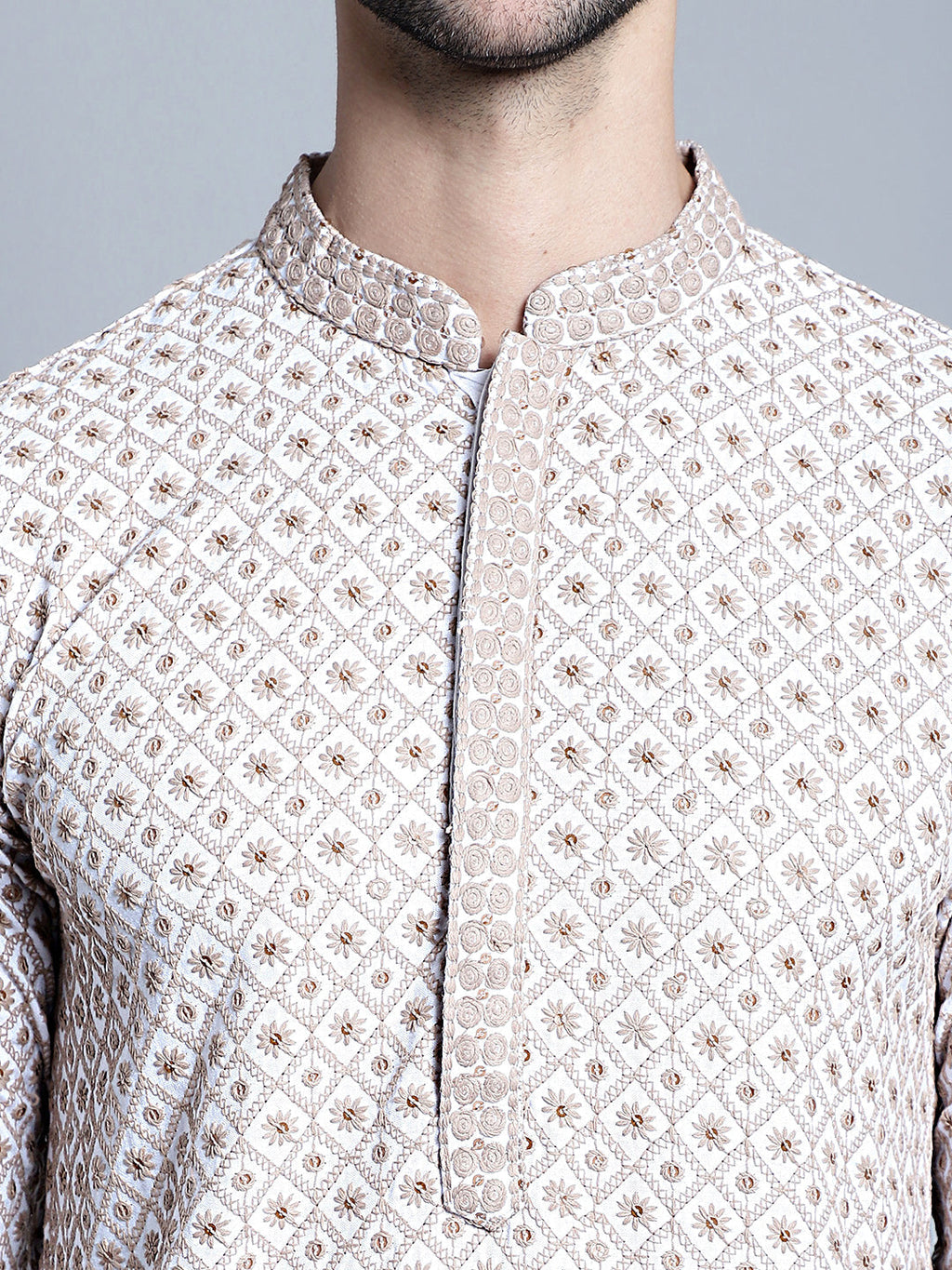Jompers Men's Chikankari Embroidered Kurta Only - Beige | Grocsy