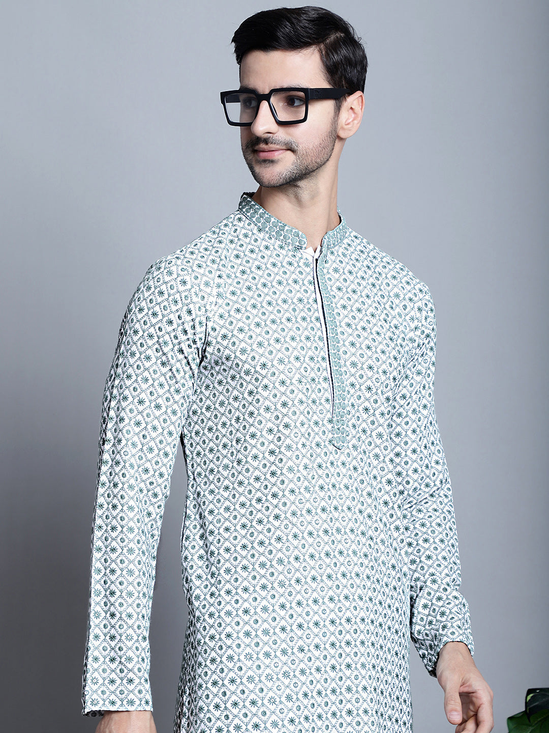 Jompers Men's Chikankari Embroidered Kurta Only - Blue | Grocsy