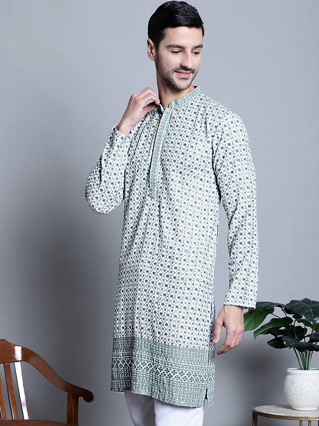 Jompers Men's Chikankari Embroidered Kurta Only - Blue | Grocsy