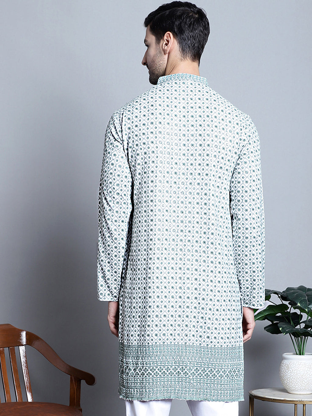 Jompers Men's Chikankari Embroidered Kurta Only - Blue | Grocsy