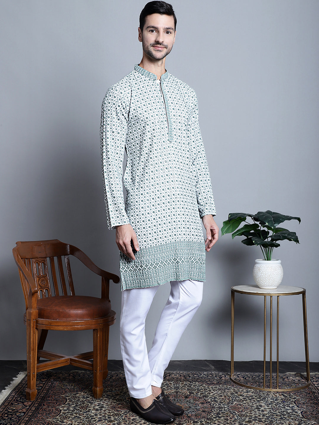 Jompers Men's Chikankari Embroidered Kurta Only - Blue | Grocsy