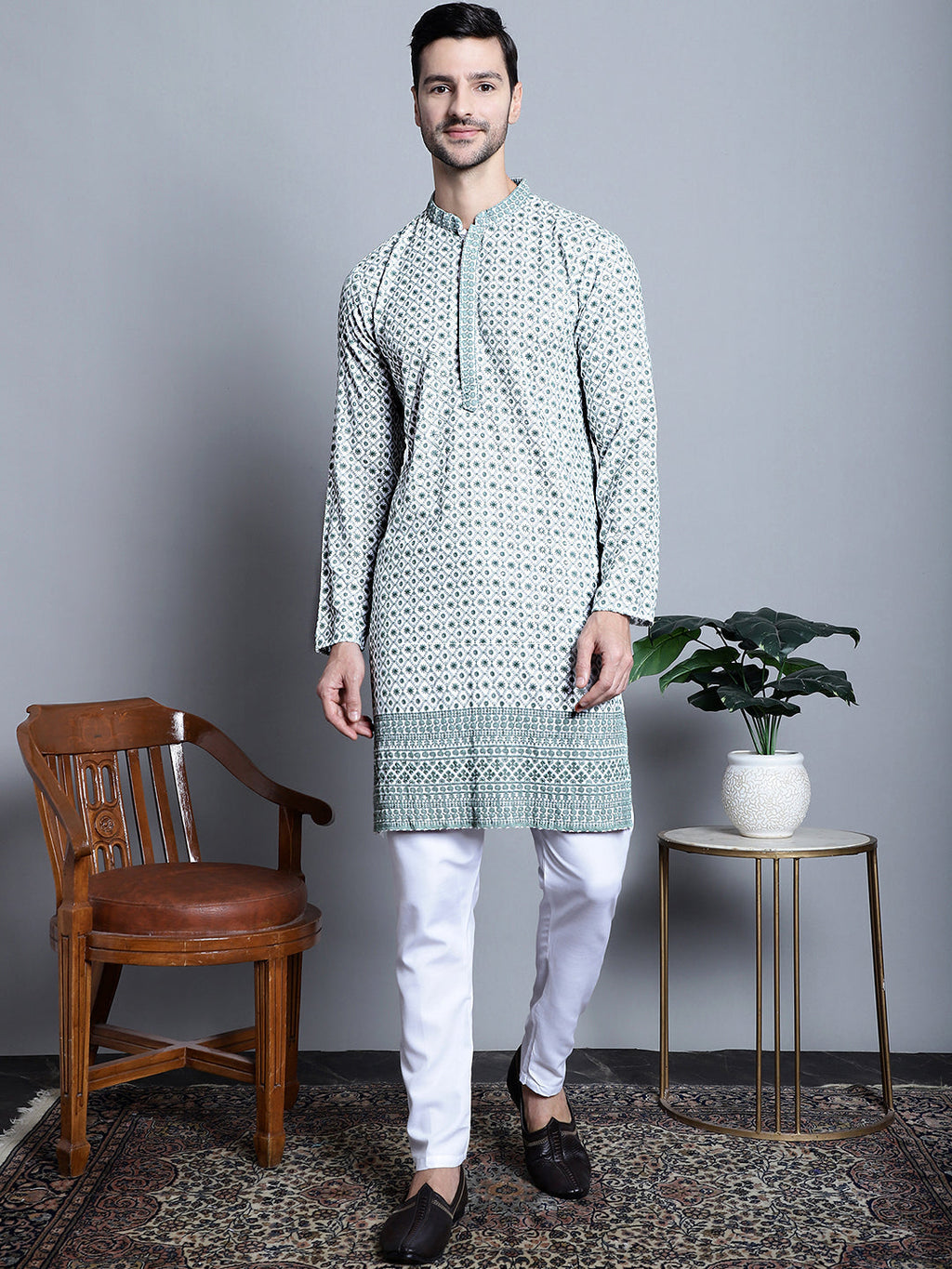 Jompers Men's Chikankari Embroidered Kurta Only - Blue | Grocsy