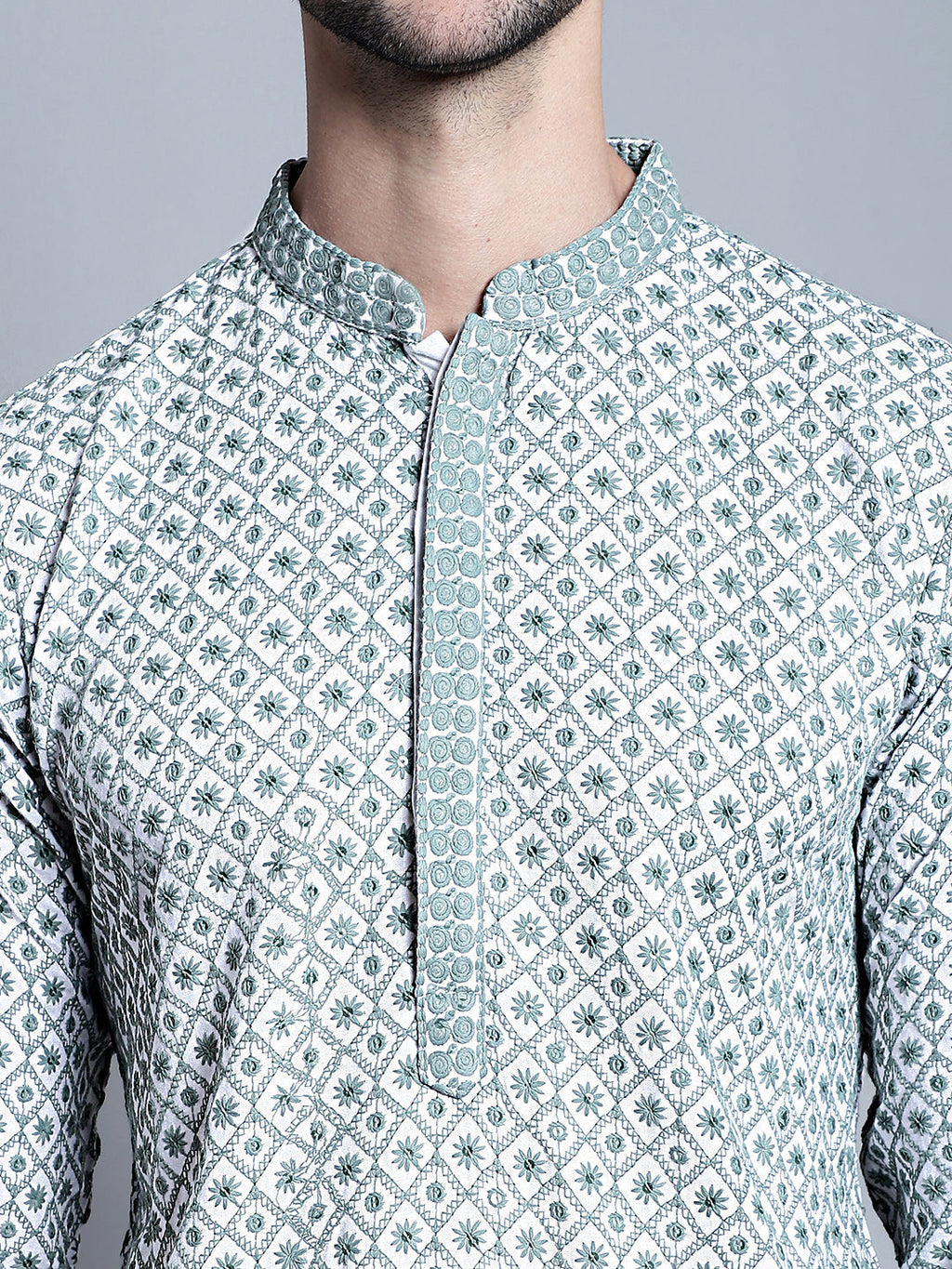 Jompers Men's Chikankari Embroidered Kurta Only - Blue | Grocsy