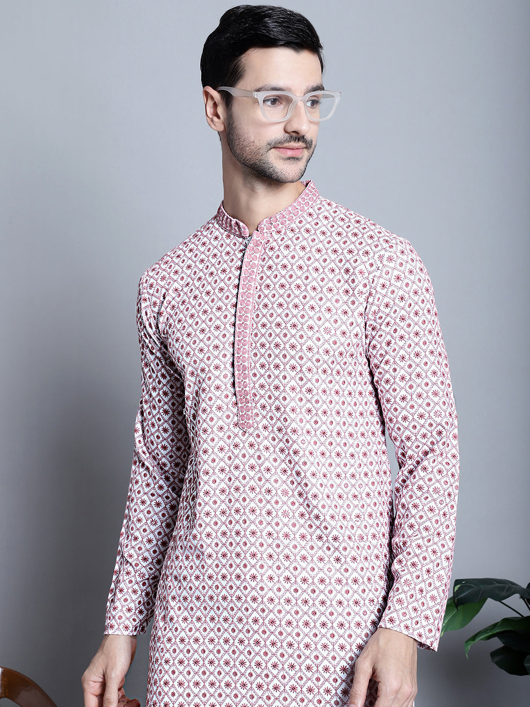 Jompers Men's Chikankari Embroidered Kurta Only - Pink | Grocsy
