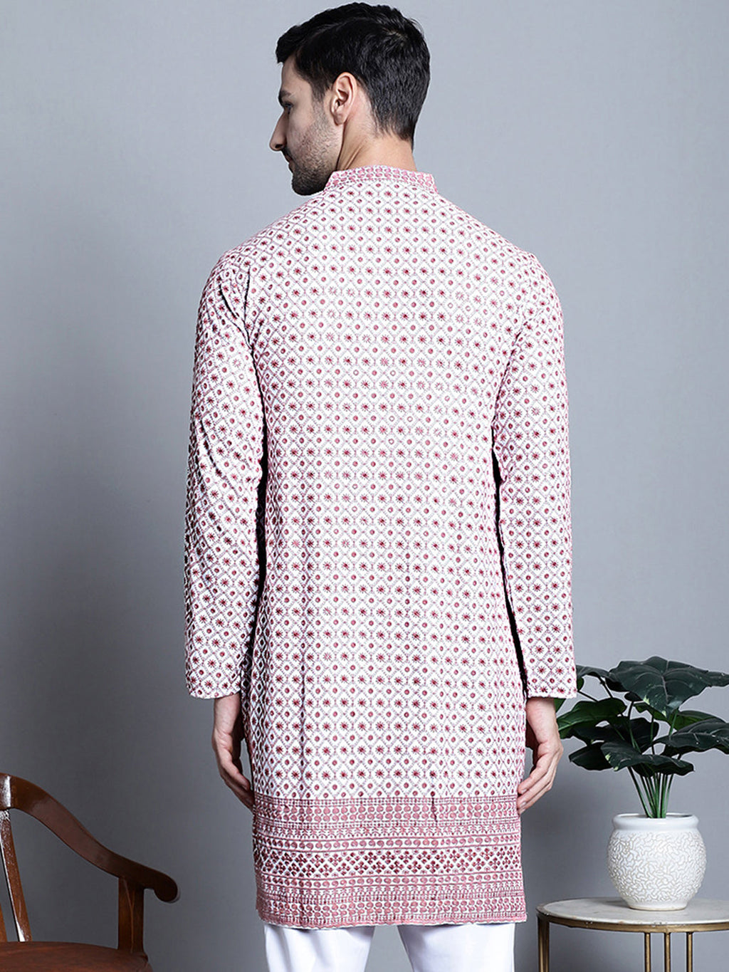 Jompers Men's Chikankari Embroidered Kurta Only - Pink | Grocsy
