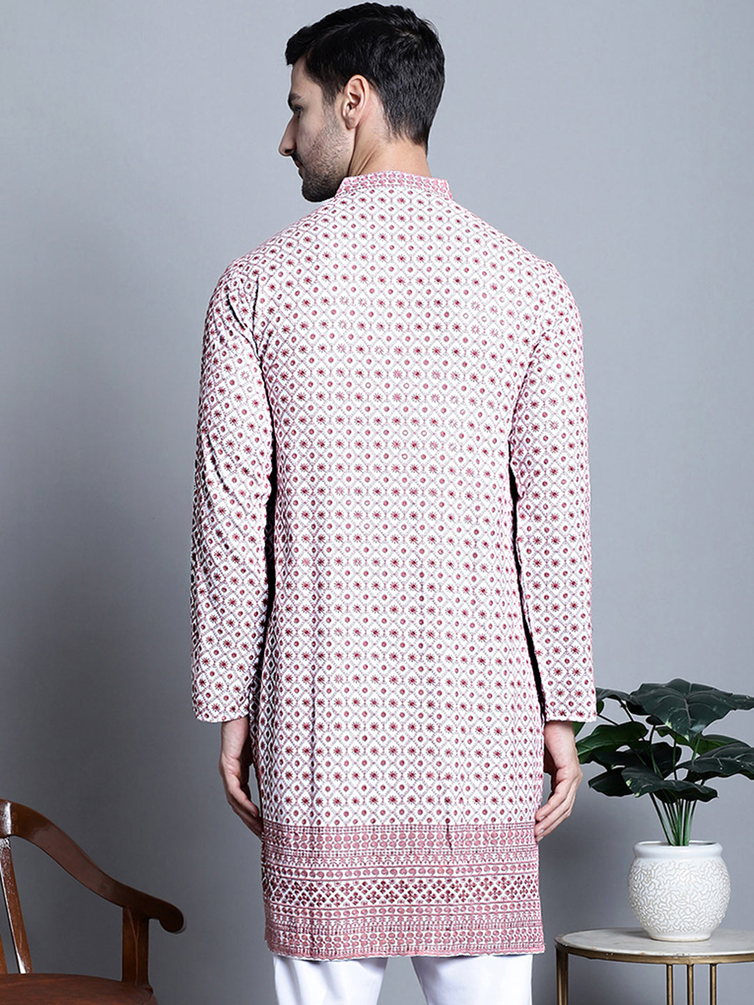 Jompers Men's Chikankari Embroidered Kurta Only - Pink | Grocsy