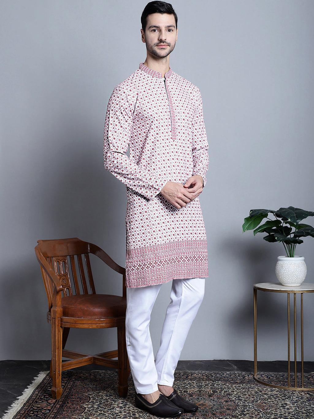 Jompers Men's Chikankari Embroidered Kurta Only - Pink | Grocsy