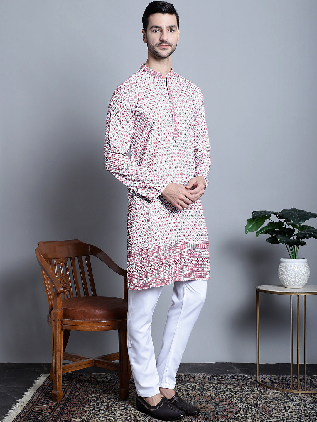 Jompers Men's Chikankari Embroidered Kurta Only - Pink | Grocsy