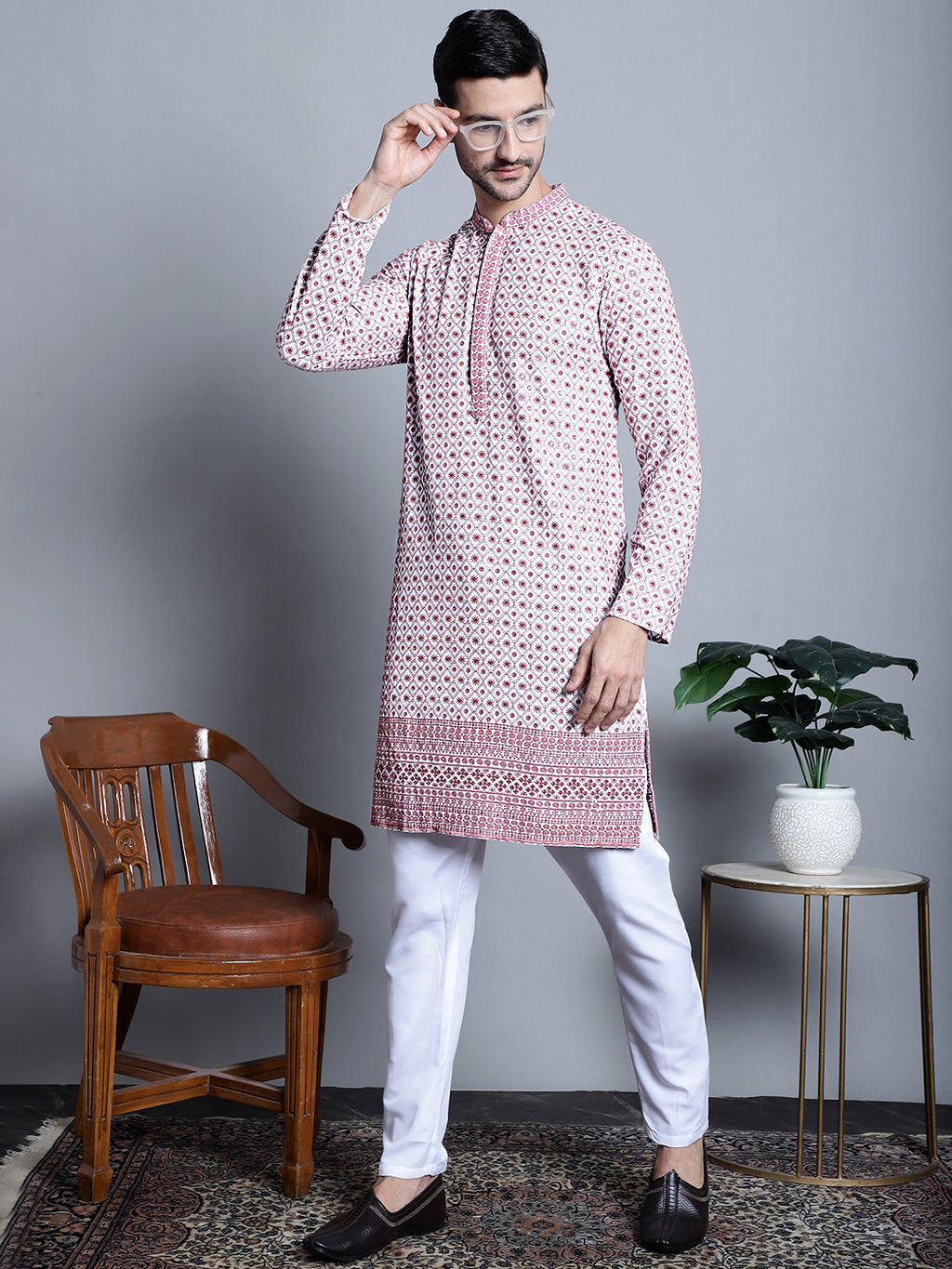 Jompers Men's Chikankari Embroidered Kurta Only - Pink | Grocsy