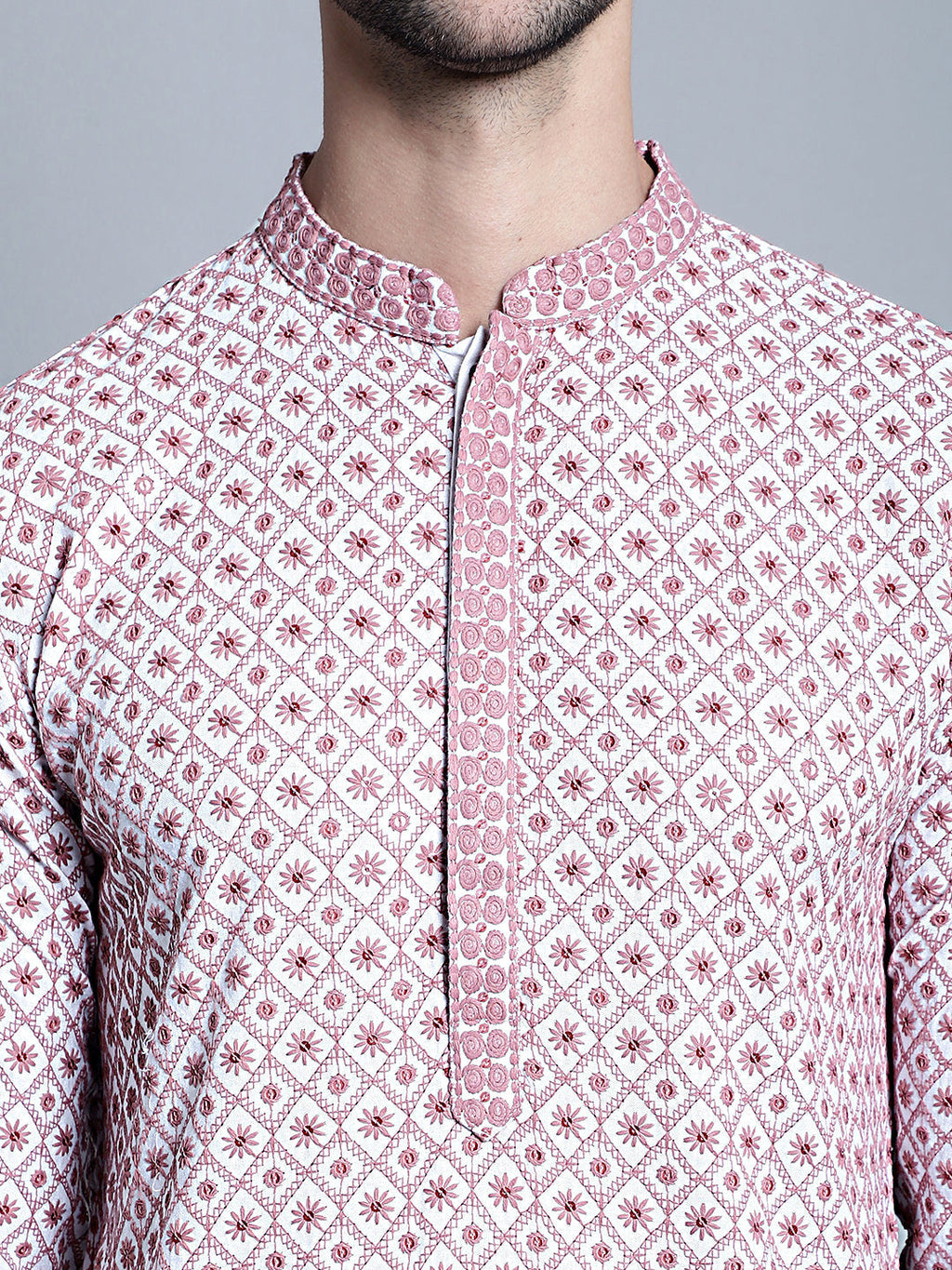 Jompers Men's Chikankari Embroidered Kurta Only - Pink | Grocsy