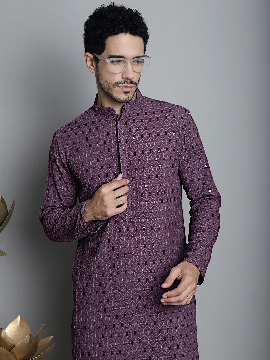 Jompers Men's Chikankari Embroidered and Sequence Kurta Only - Purple | Grocsy