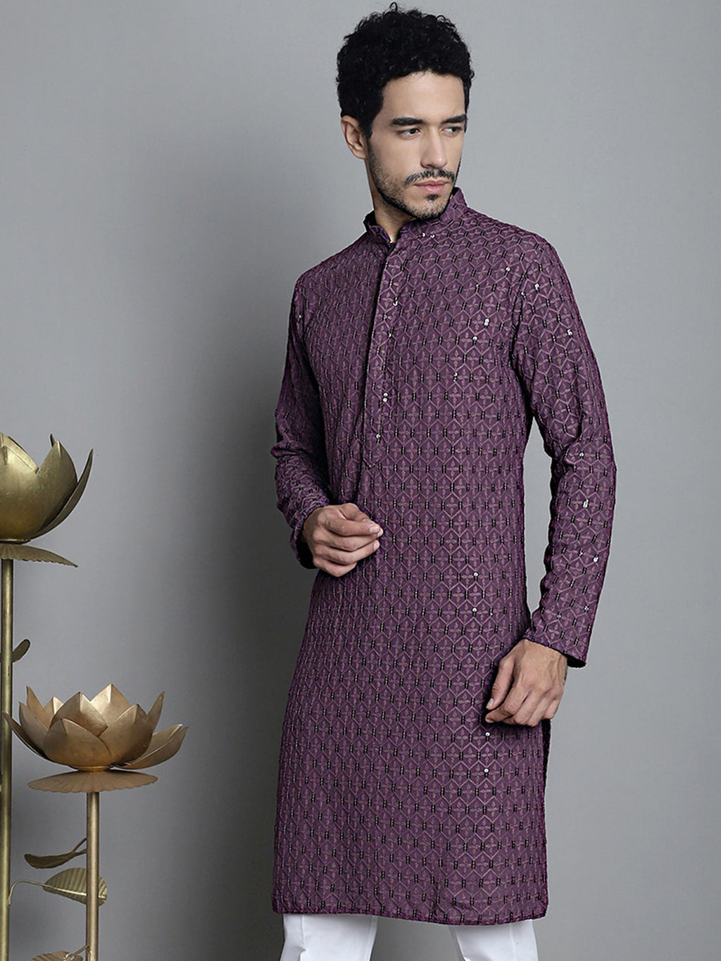 Jompers Men's Chikankari Embroidered and Sequence Kurta Only - Purple | Grocsy