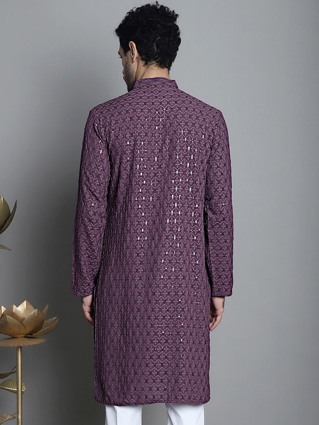 Jompers Men's Chikankari Embroidered and Sequence Kurta Only - Purple | Grocsy