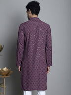 Jompers Men's Chikankari Embroidered and Sequence Kurta Only - Purple | Grocsy