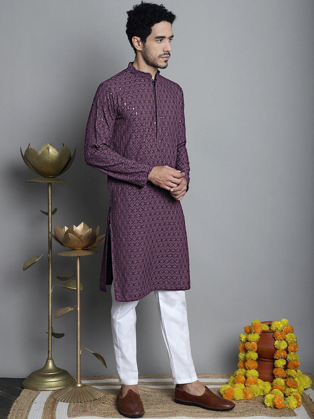 Jompers Men's Chikankari Embroidered and Sequence Kurta Only - Purple | Grocsy