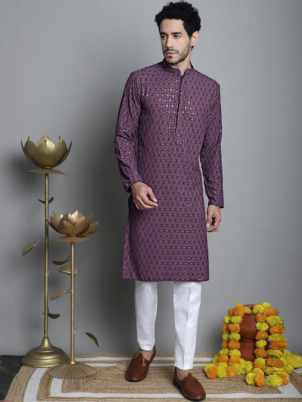 Jompers Men's Chikankari Embroidered and Sequence Kurta Only - Purple | Grocsy