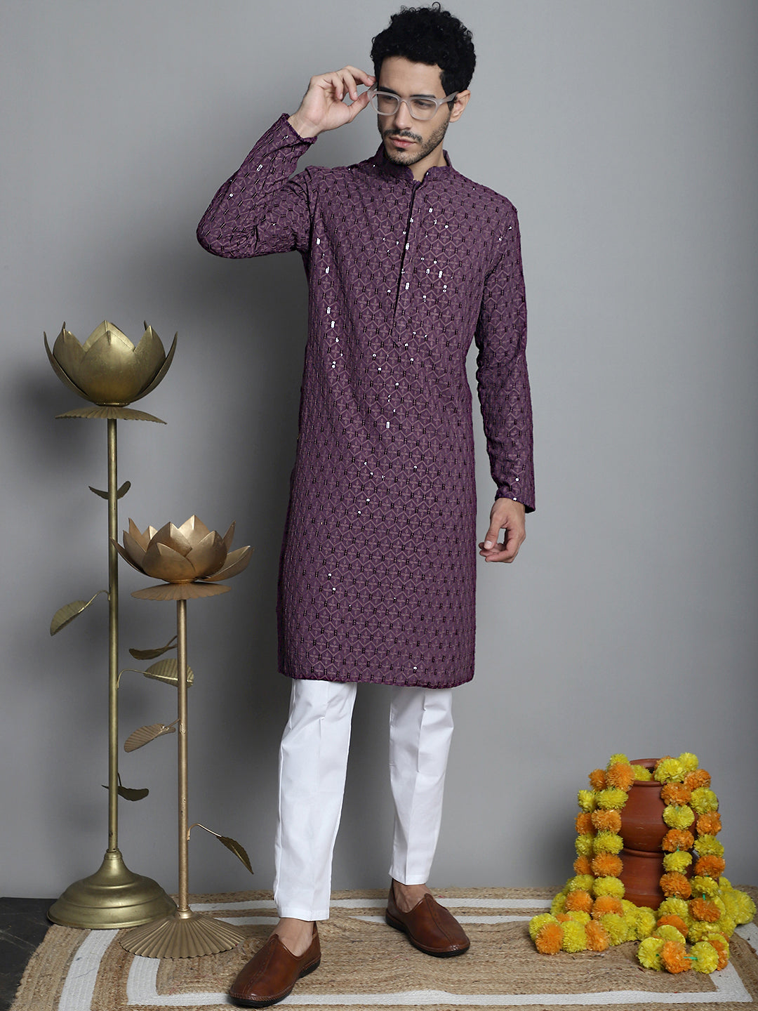 Jompers Men's Chikankari Embroidered and Sequence Kurta Only - Purple | Grocsy