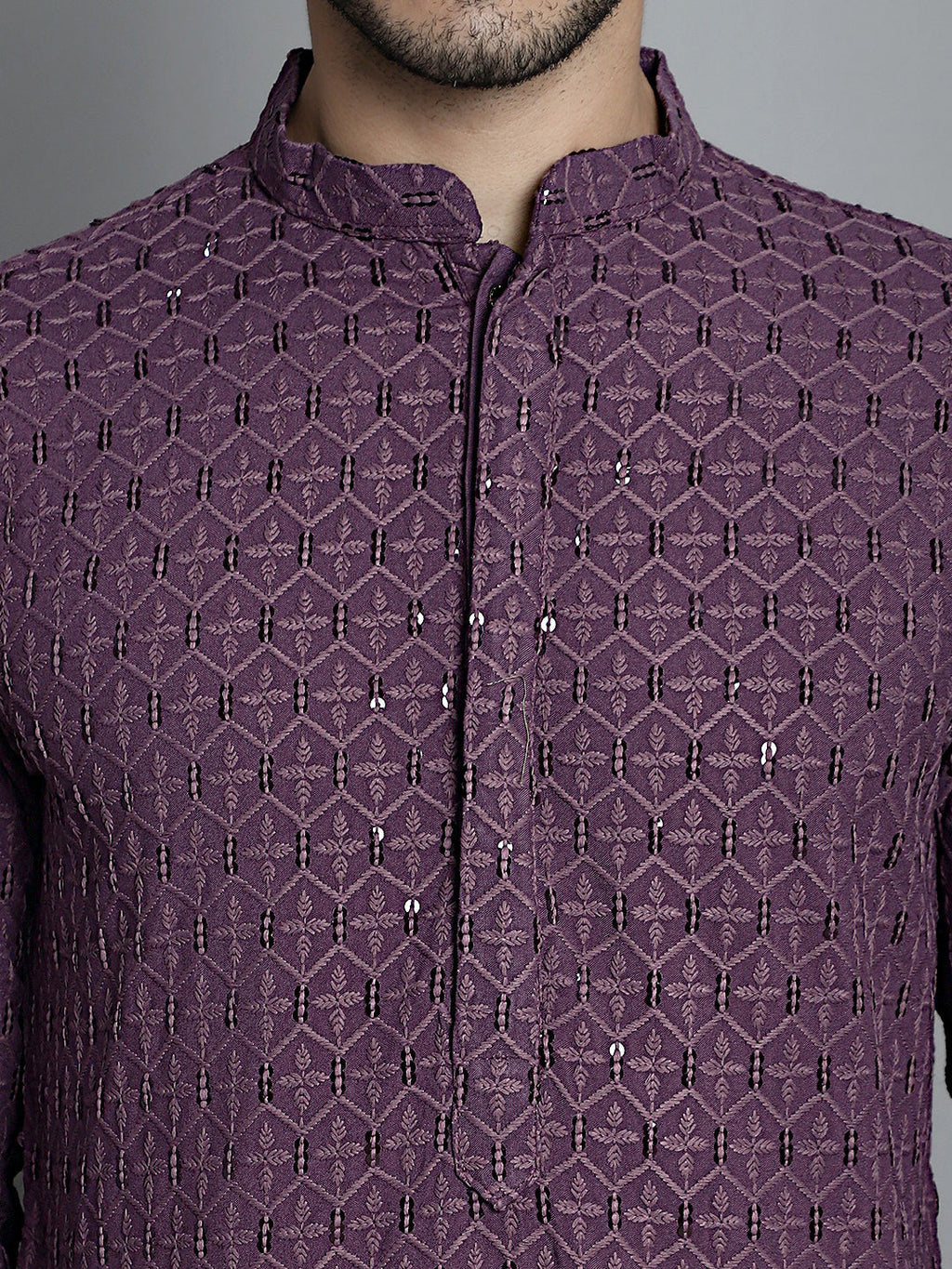 Jompers Men's Chikankari Embroidered and Sequence Kurta Only - Purple | Grocsy