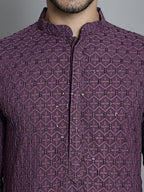 Jompers Men's Chikankari Embroidered and Sequence Kurta Only - Purple | Grocsy