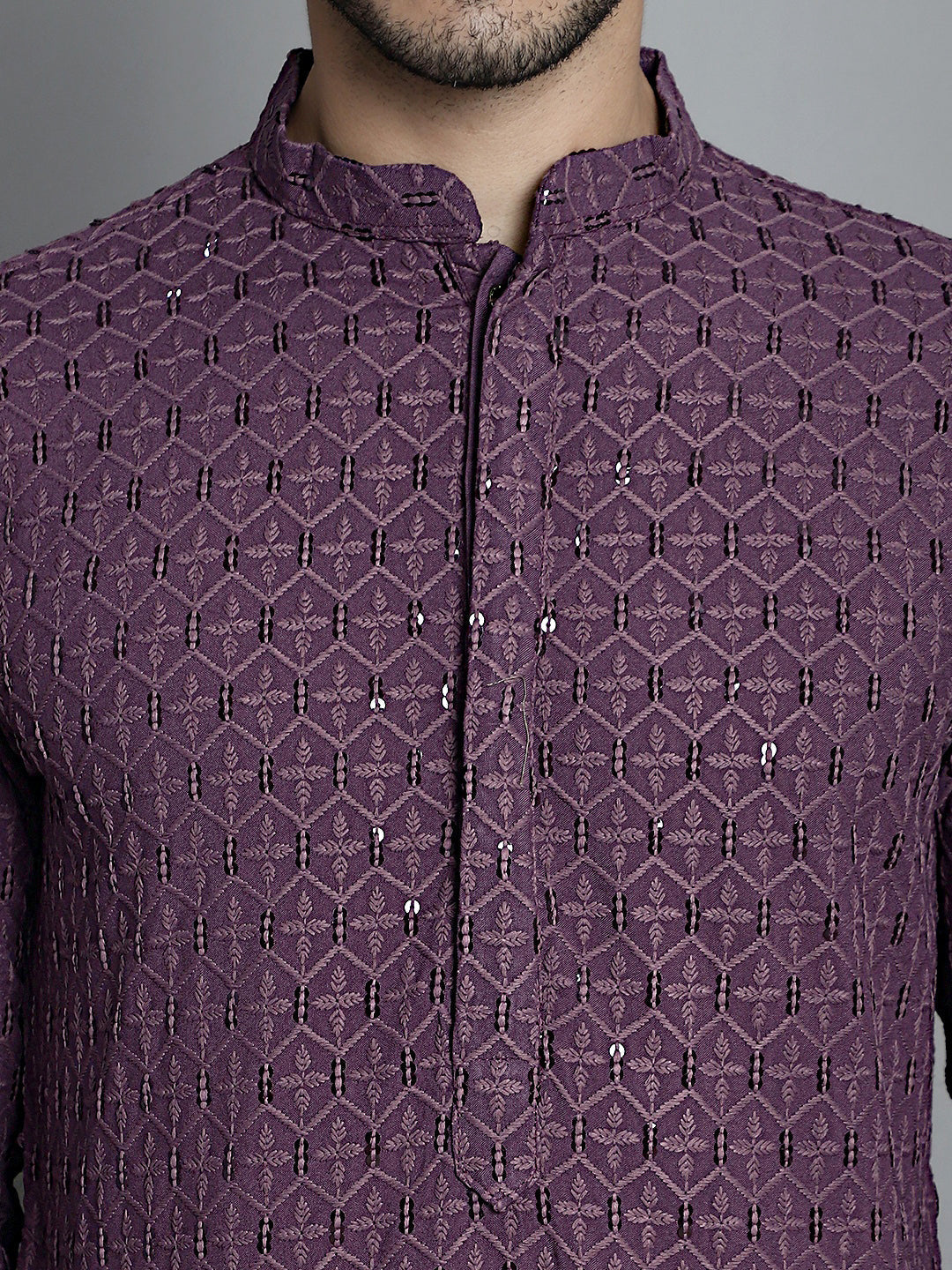 Jompers Men's Chikankari Embroidered and Sequence Kurta Only - Purple | Grocsy