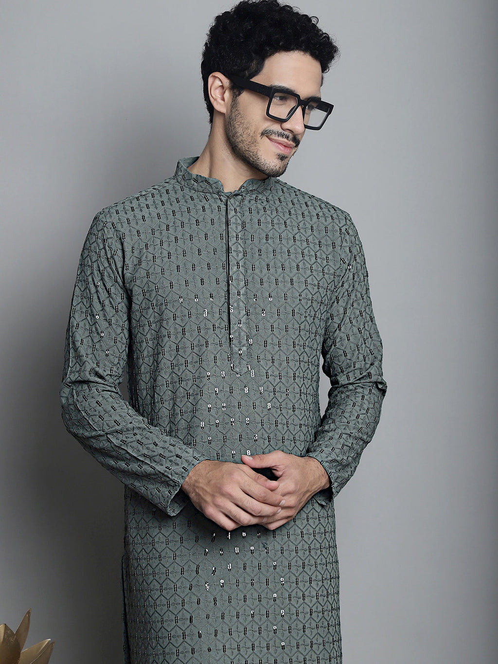 Jompers Men's Chikankari Embroidered and Sequence Kurta Only - Sea-Green | Grocsy