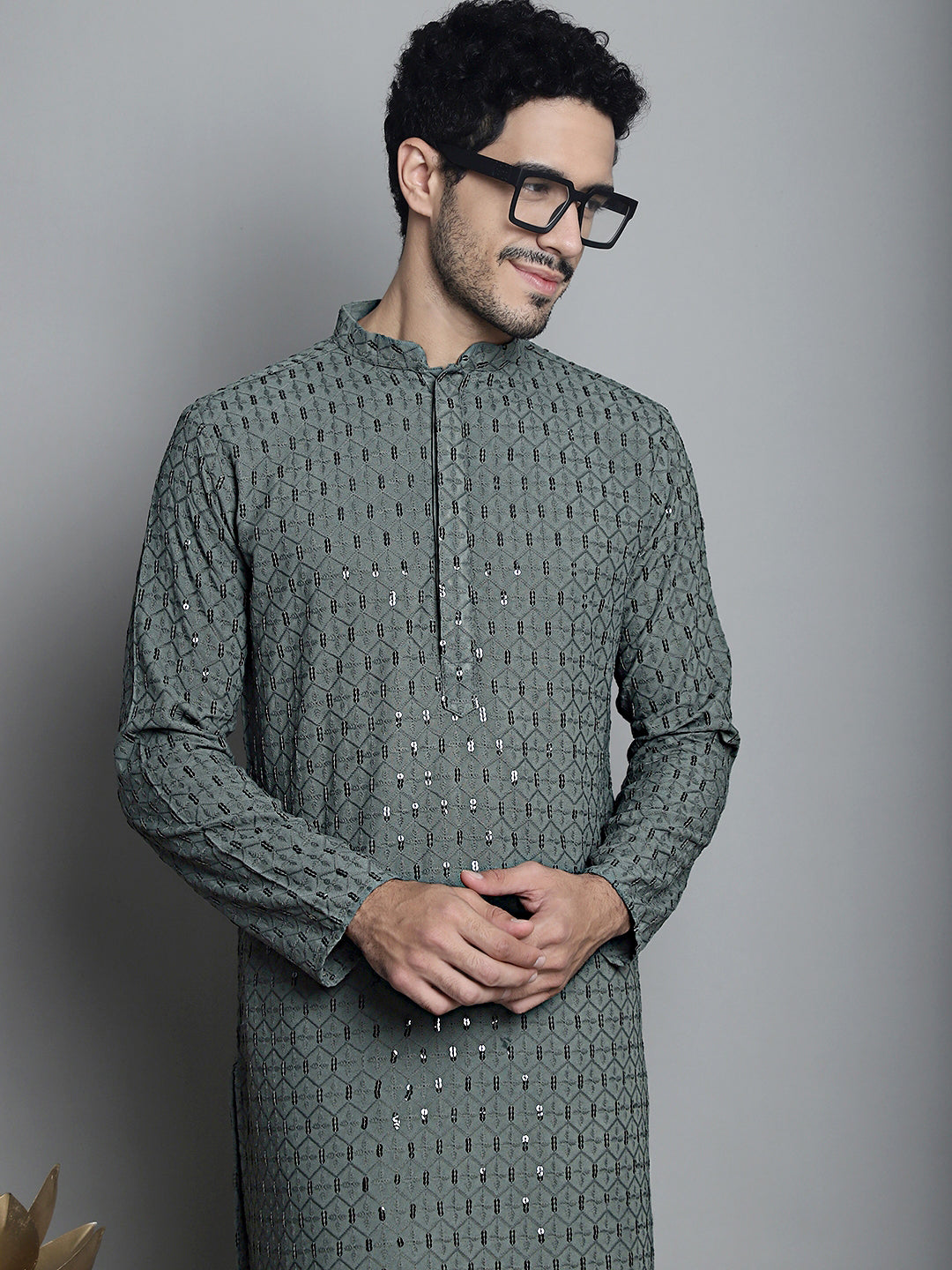 Jompers Men's Chikankari Embroidered and Sequence Kurta Only - Sea-Green | Grocsy