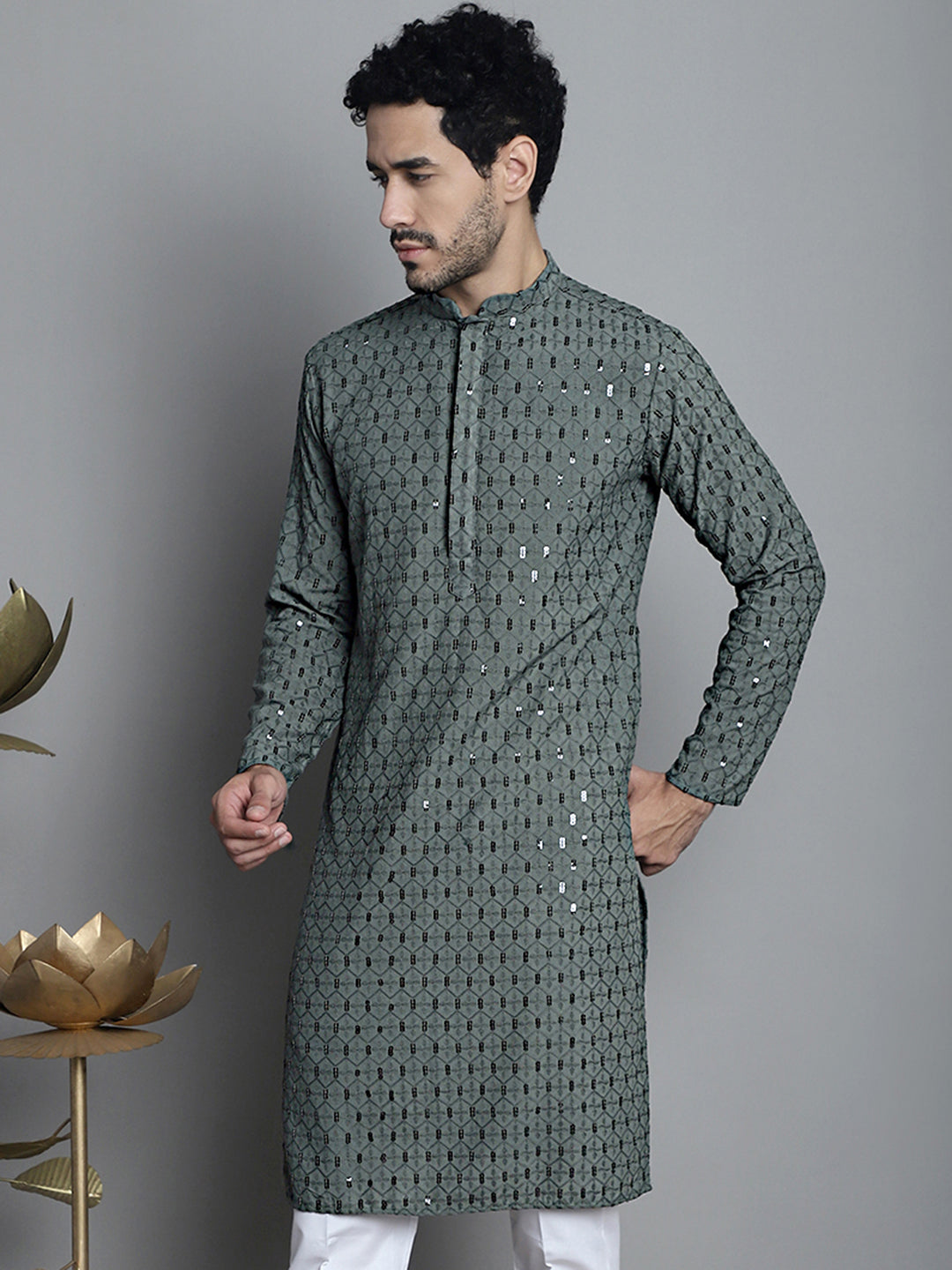 Jompers Men's Chikankari Embroidered and Sequence Kurta Only - Sea-Green | Grocsy
