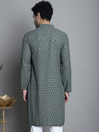 Jompers Men's Chikankari Embroidered and Sequence Kurta Only - Sea-Green | Grocsy