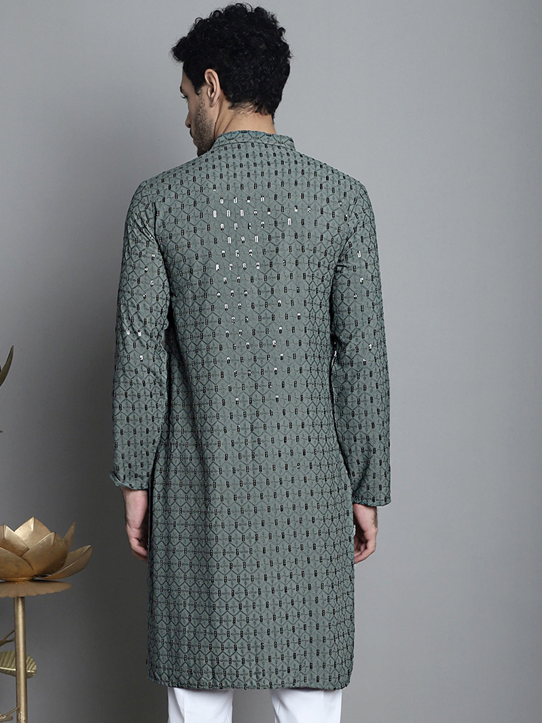 Jompers Men's Chikankari Embroidered and Sequence Kurta Only - Sea-Green | Grocsy