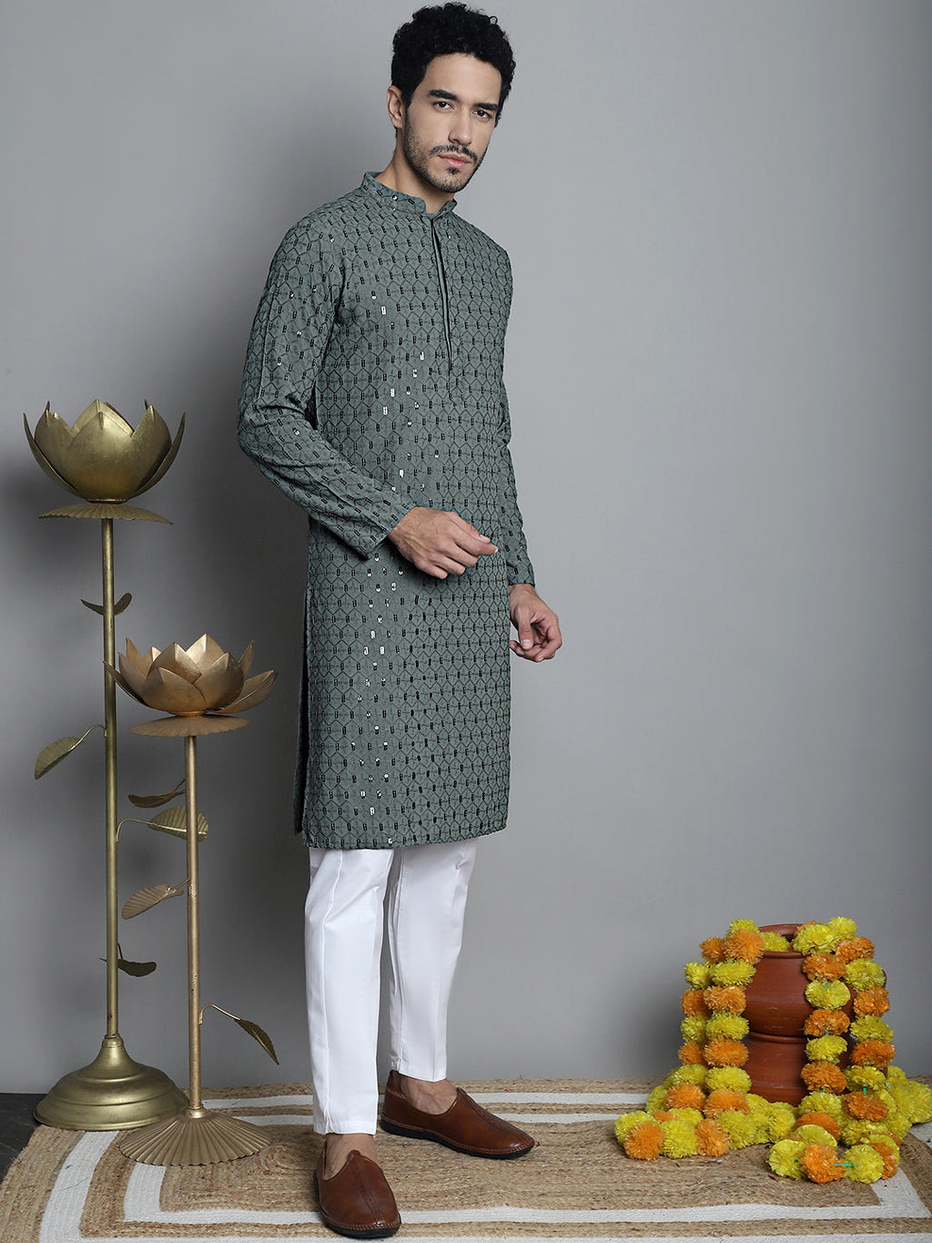 Jompers Men's Chikankari Embroidered and Sequence Kurta Only - Sea-Green | Grocsy