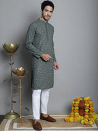 Jompers Men's Chikankari Embroidered and Sequence Kurta Only - Sea-Green | Grocsy