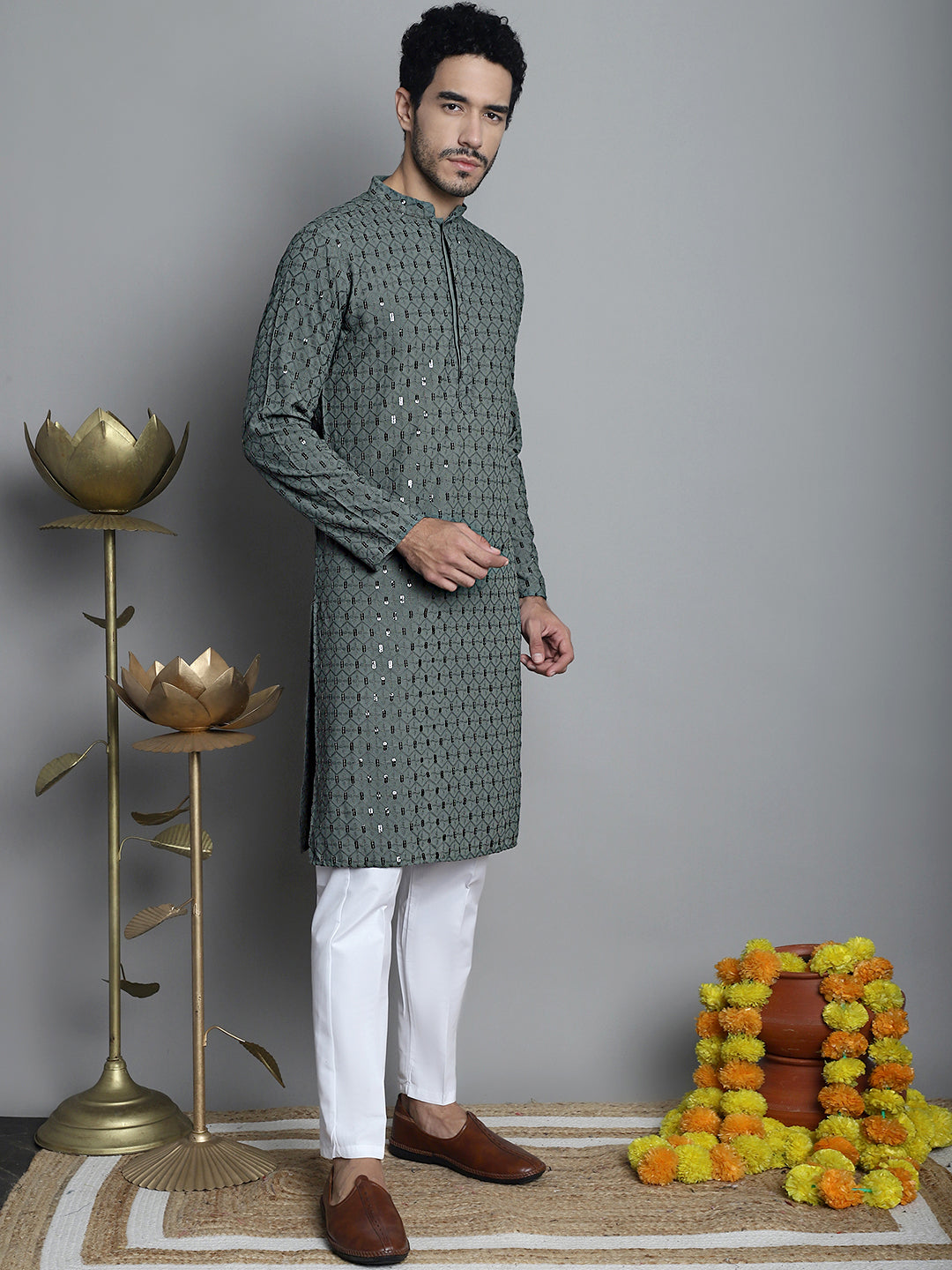 Jompers Men's Chikankari Embroidered and Sequence Kurta Only - Sea-Green | Grocsy