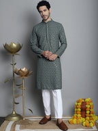 Jompers Men's Chikankari Embroidered and Sequence Kurta Only - Sea-Green | Grocsy